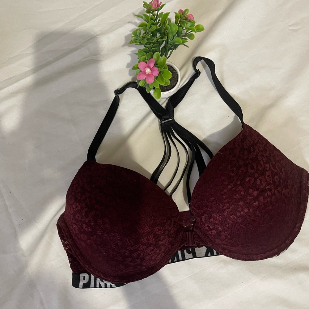 Women's Victoria Secret Pink Burgundy Lace Padded Support Lifting Bra